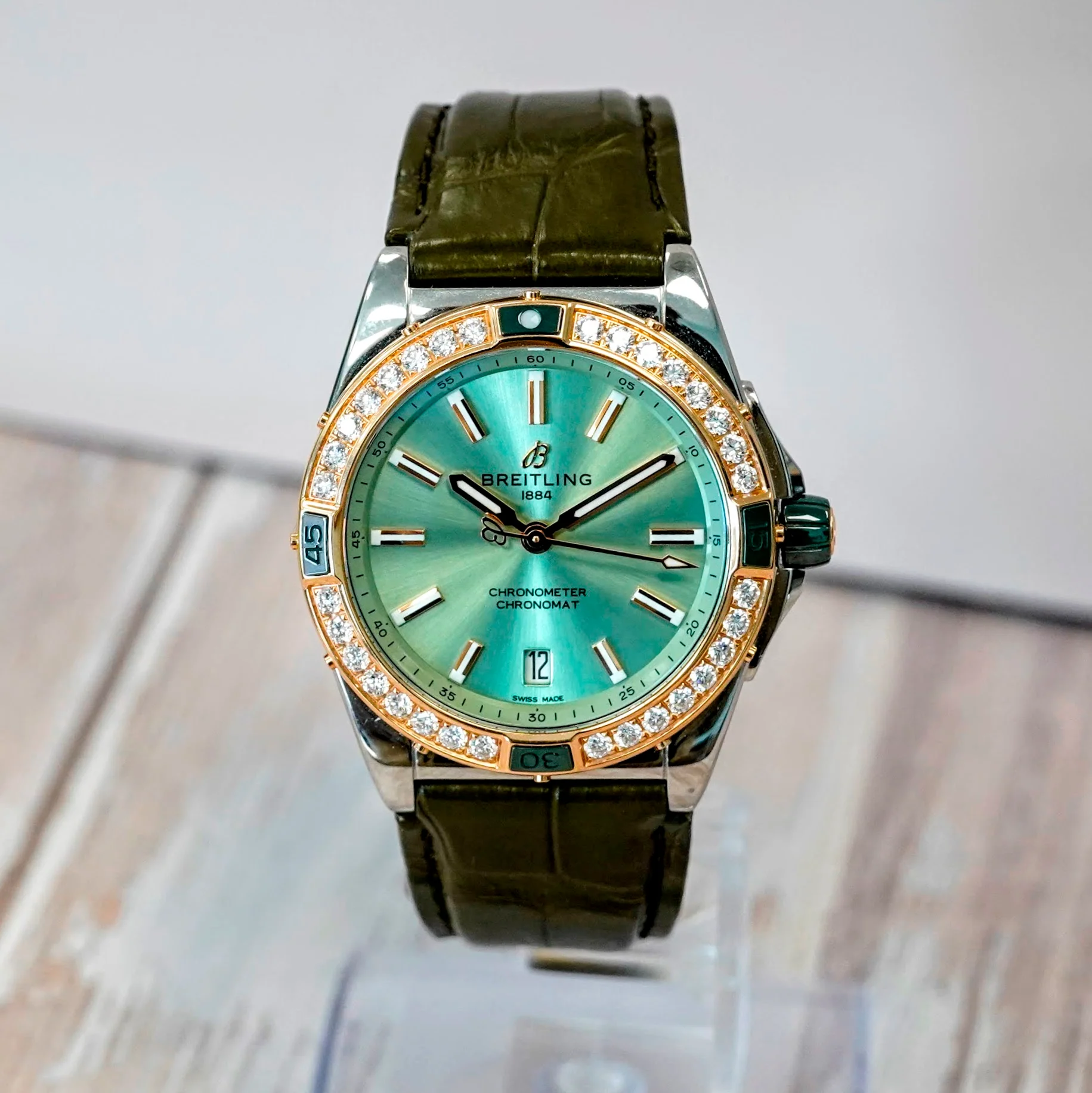 Breitling Super Chronomat Automatic 38 Watch U17356 Date 18K Rose Gold Diamond Bezel & S.S. Original Strap - Image 3