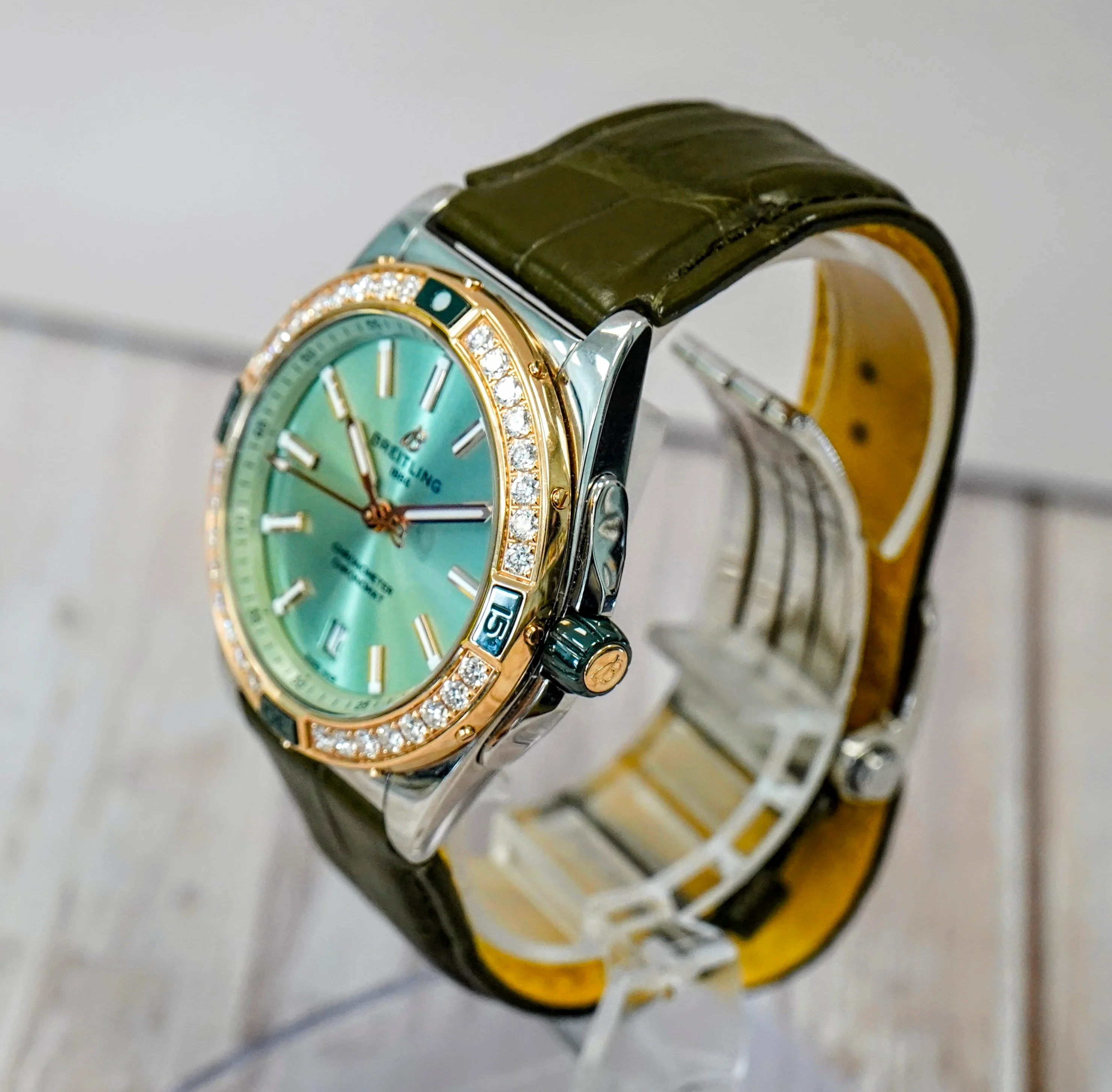 Breitling Super Chronomat Automatic 38 Watch U17356 Date 18K Rose Gold Diamond Bezel & S.S. Original Strap - Image 4