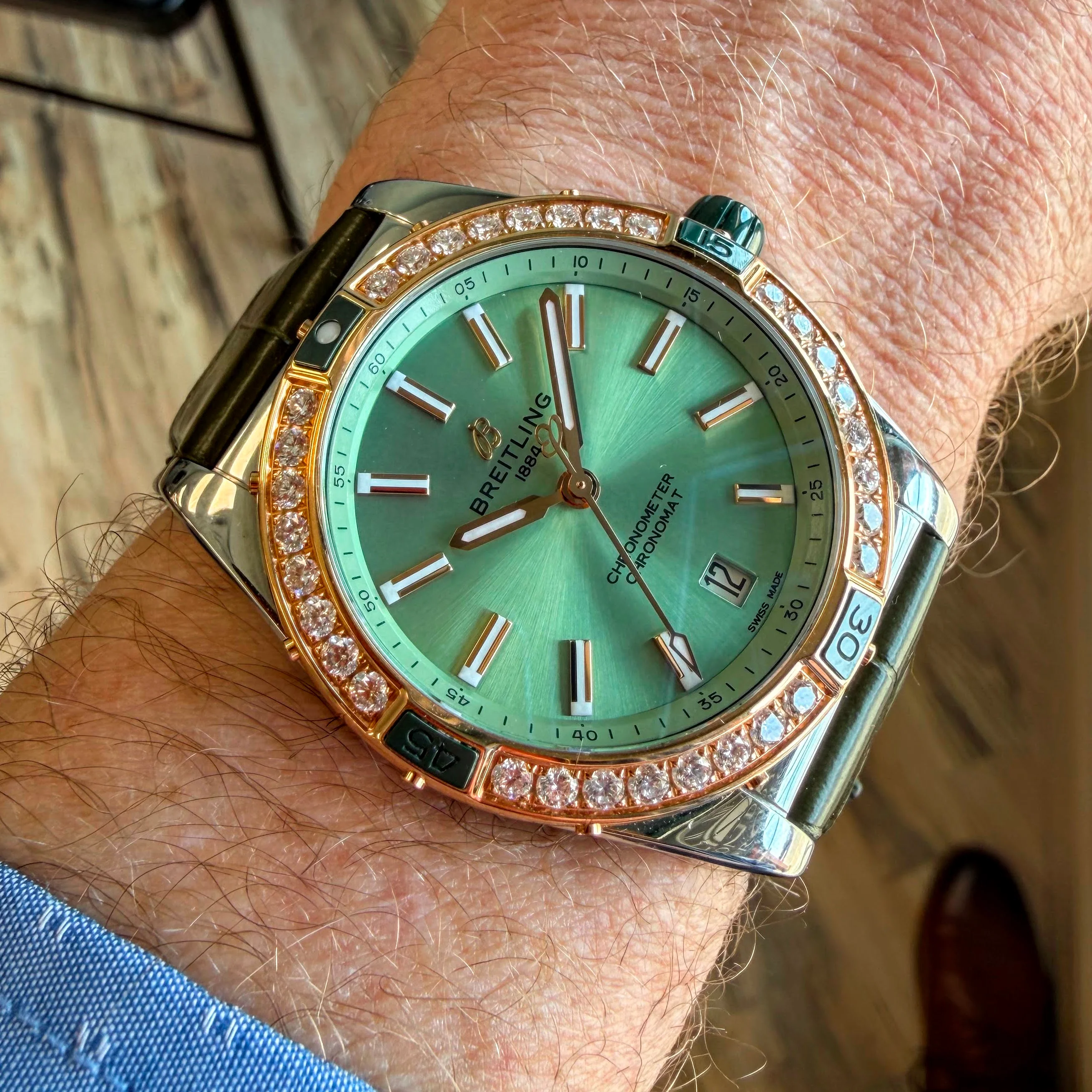 Breitling Super Chronomat Automatic 38 Watch U17356 Date 18K Rose Gold Diamond Bezel & S.S. Original Strap - Image 5