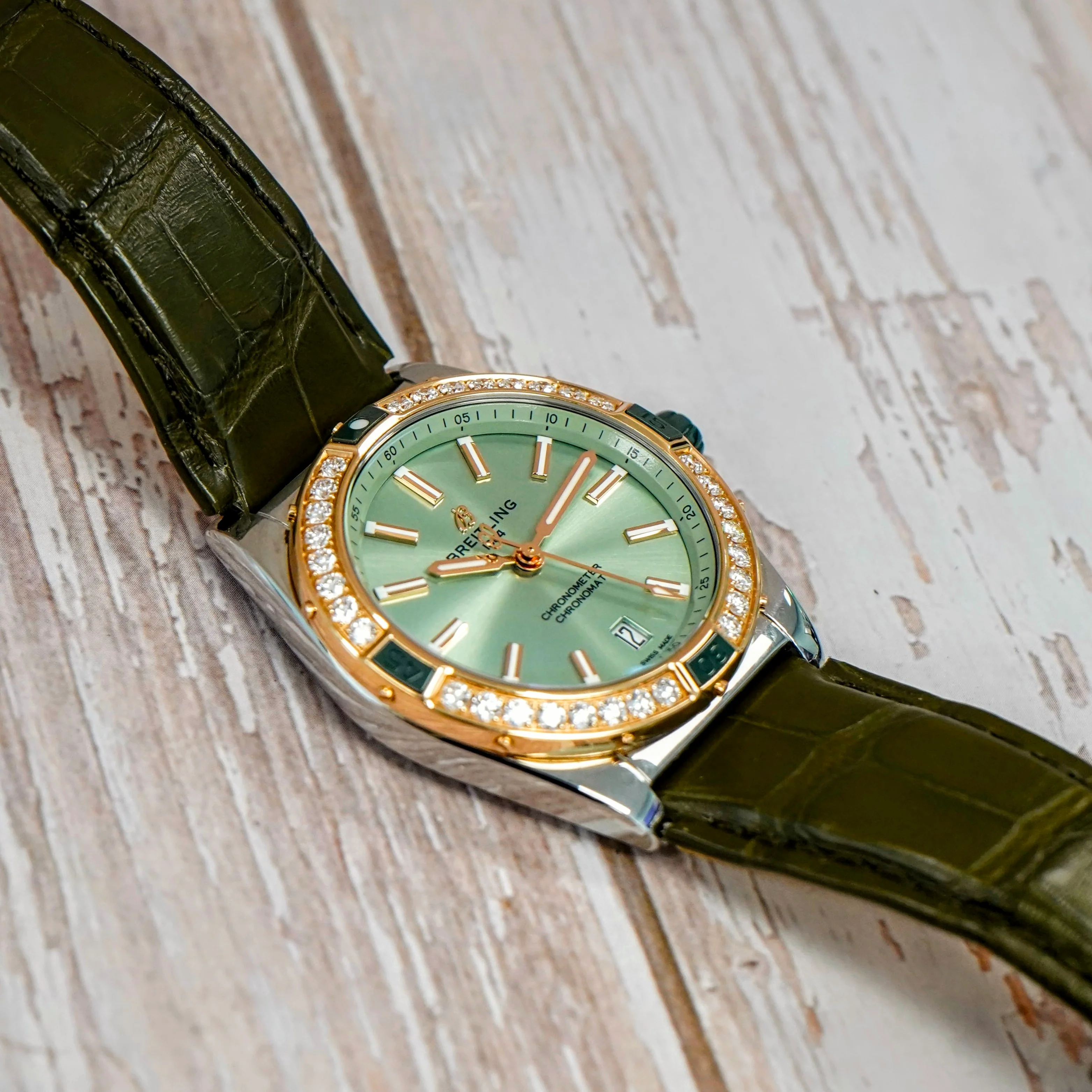 Breitling Super Chronomat Automatic 38 Watch U17356 Date 18K Rose Gold Diamond Bezel & S.S. Original Strap - Image 6