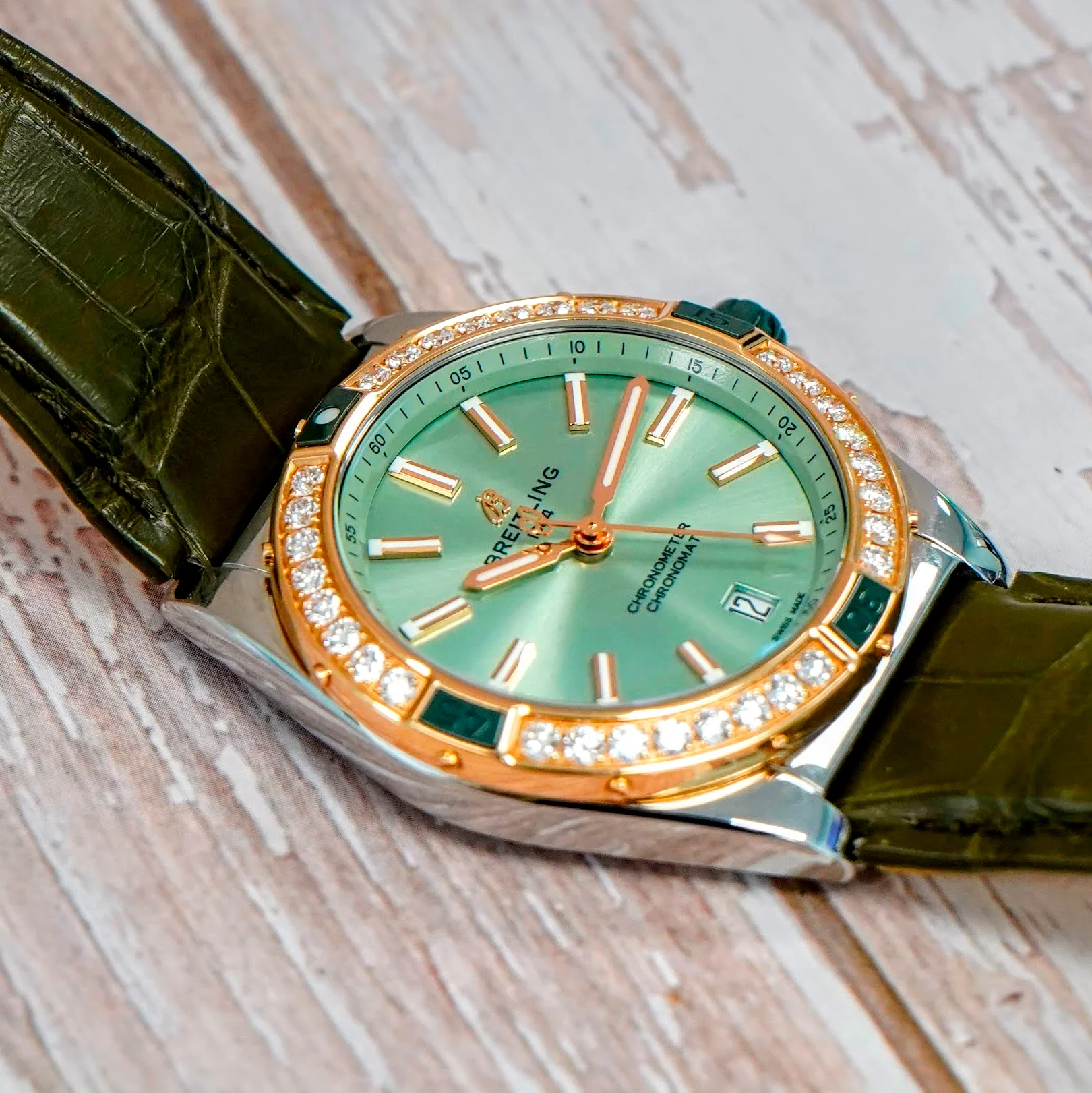 Breitling Super Chronomat Automatic 38 Watch U17356 Date 18K Rose Gold Diamond Bezel & S.S. Original Strap - Image 7