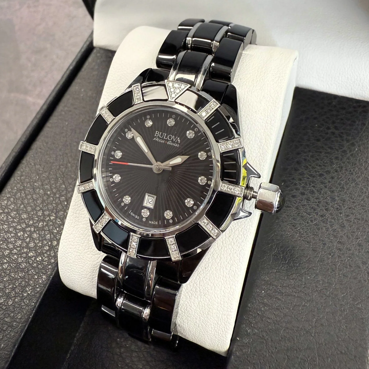 Bulova Accu Swiss Ladies Watch 65R156 Mirador Diamond Date 36mm Ceramic Wristwatch - Image 11