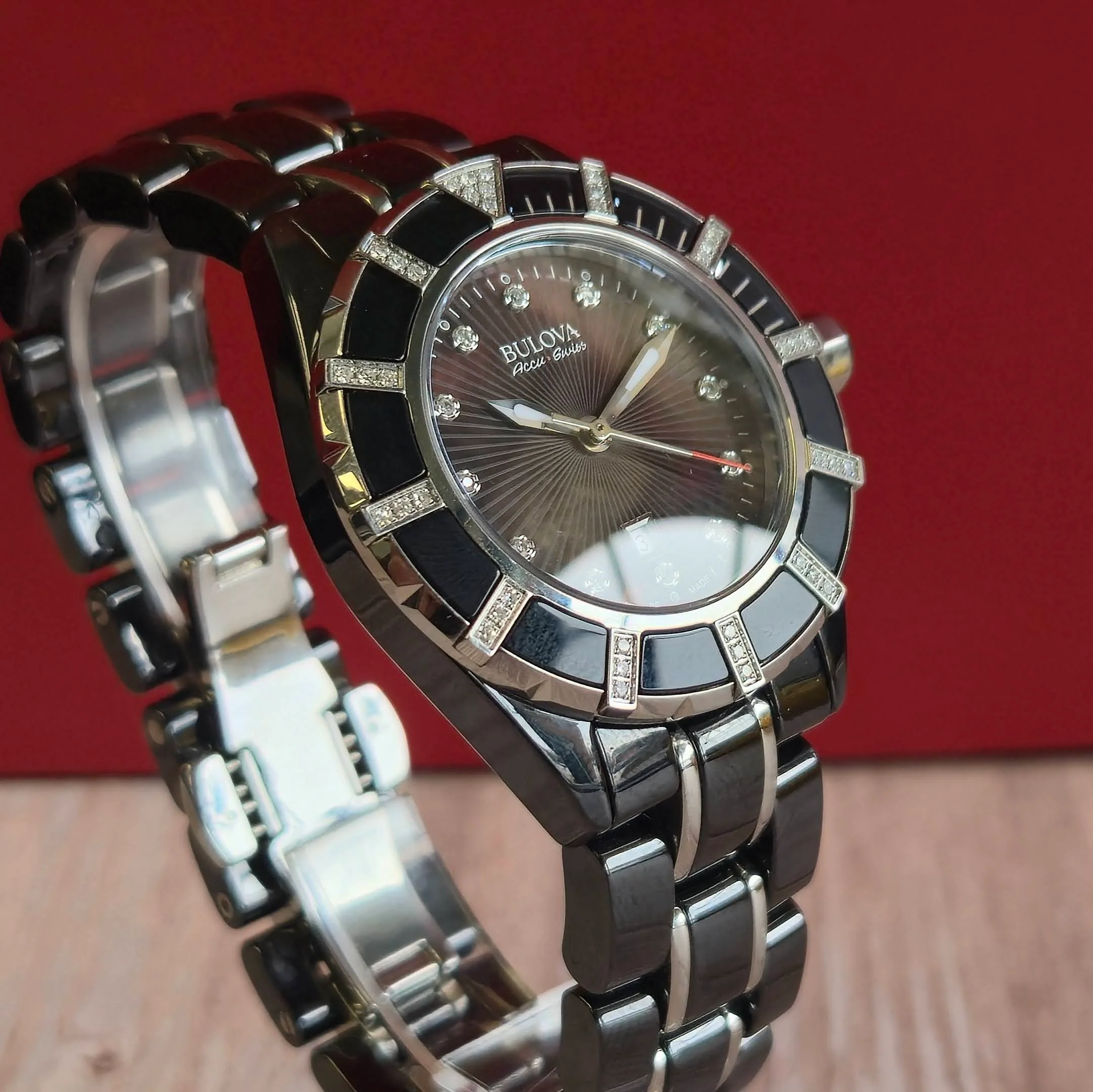 Bulova Accu Swiss Ladies Watch 65R156 Mirador Diamond Date 36mm Ceramic Wristwatch - Image 3