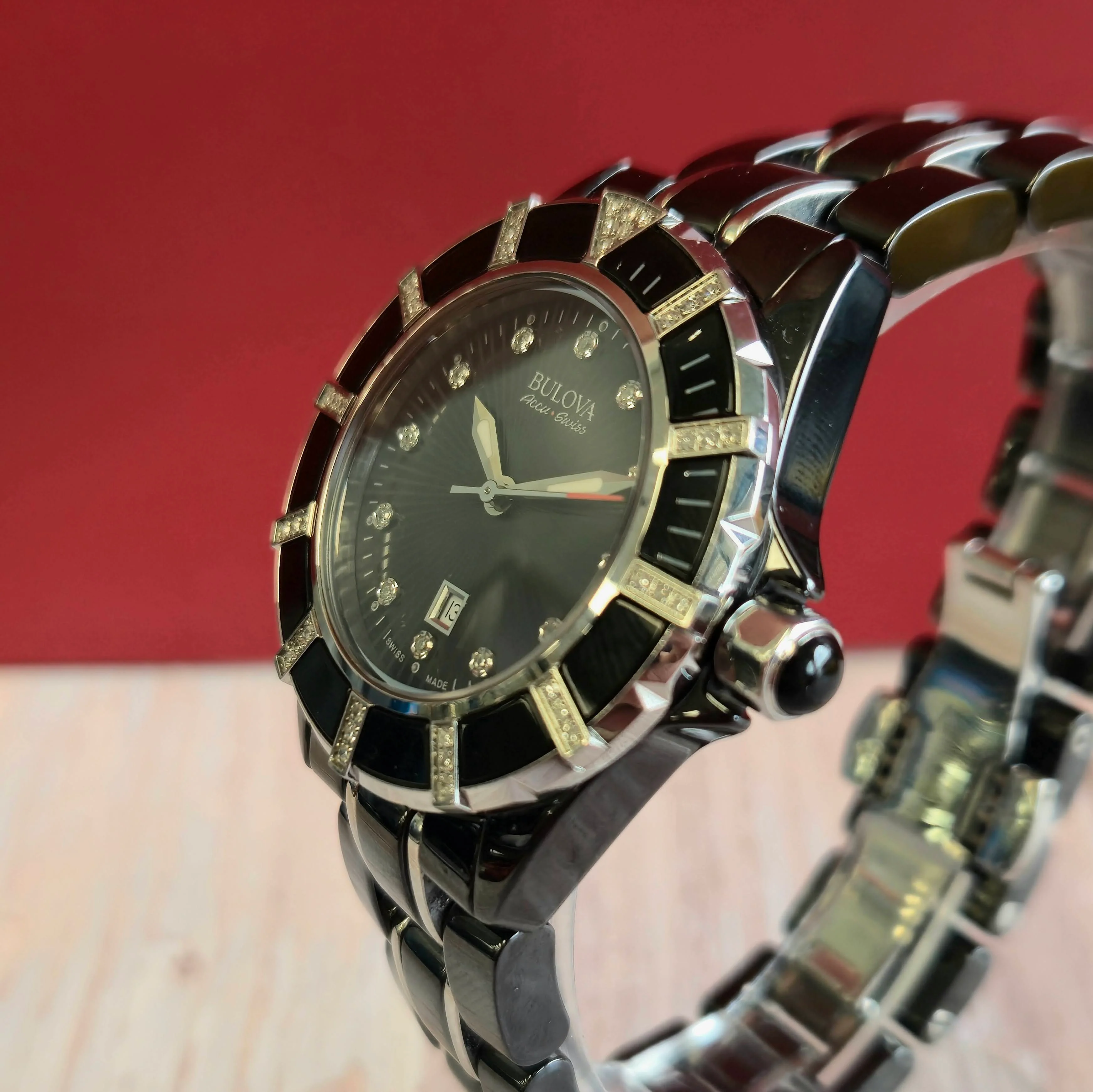 Bulova Accu Swiss Ladies Watch 65R156 Mirador Diamond Date 36mm Ceramic Wristwatch - Image 4