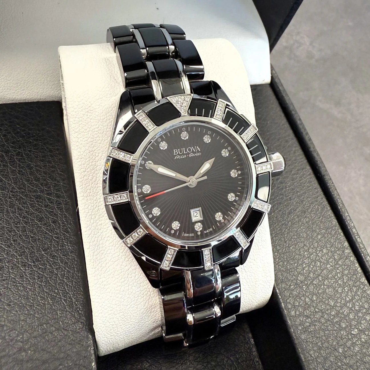 Bulova Accu Swiss Ladies Watch 65R156 Mirador Diamond Date 36mm Ceramic Wristwatch - Image 6