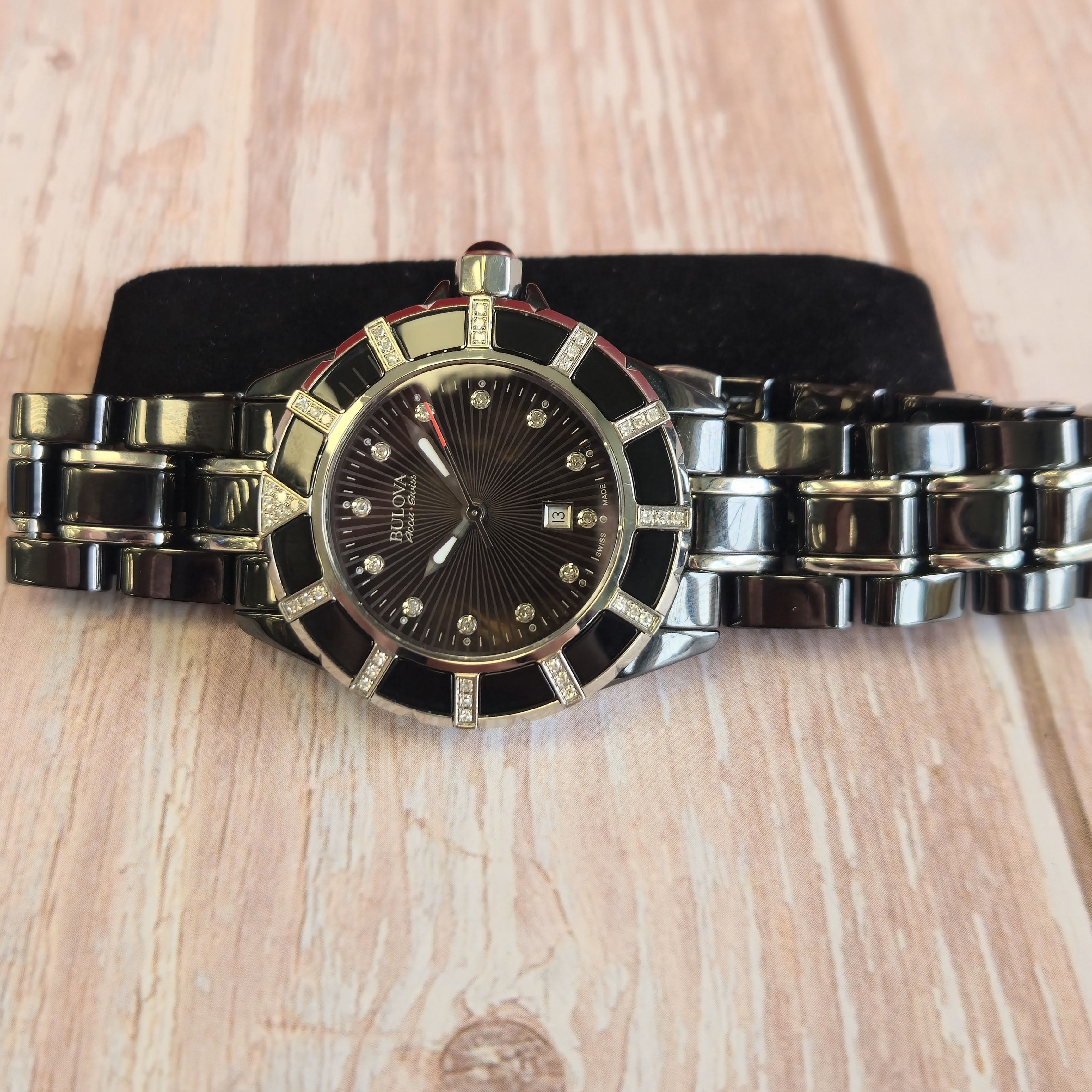 Bulova Accu Swiss Ladies Watch 65R156 Mirador Diamond Date 36mm Ceramic Wristwatch - Image 7