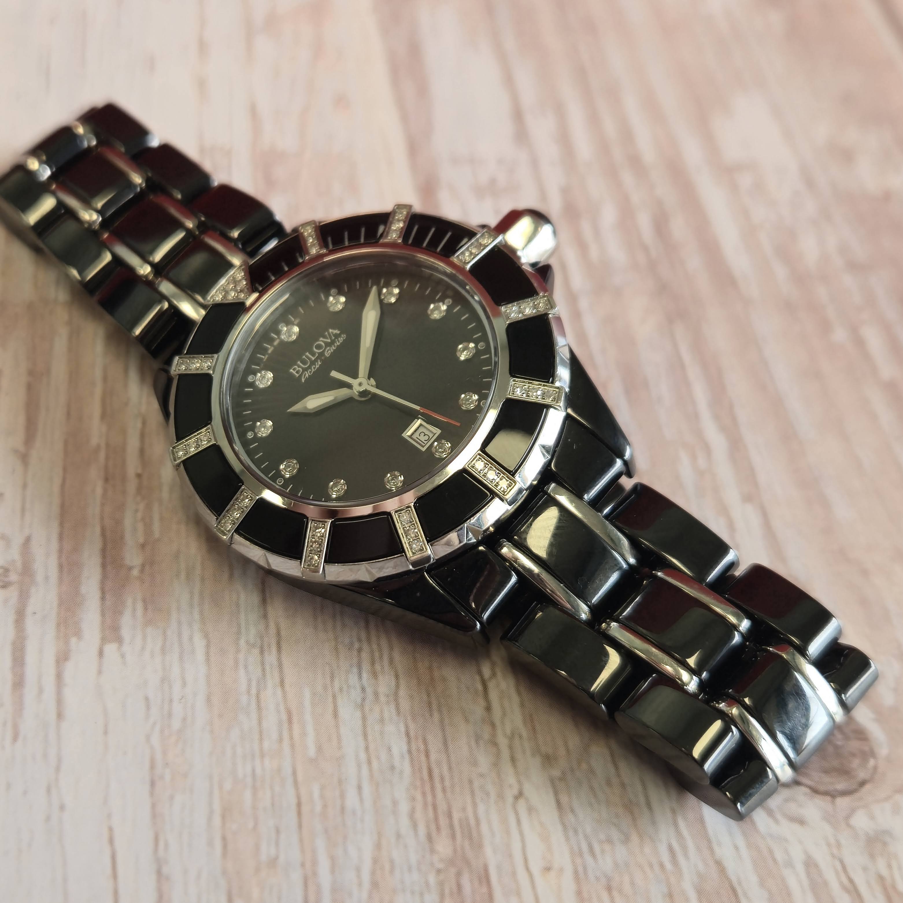 Bulova Accu Swiss Ladies Watch 65R156 Mirador Diamond Date 36mm Ceramic Wristwatch - Image 8