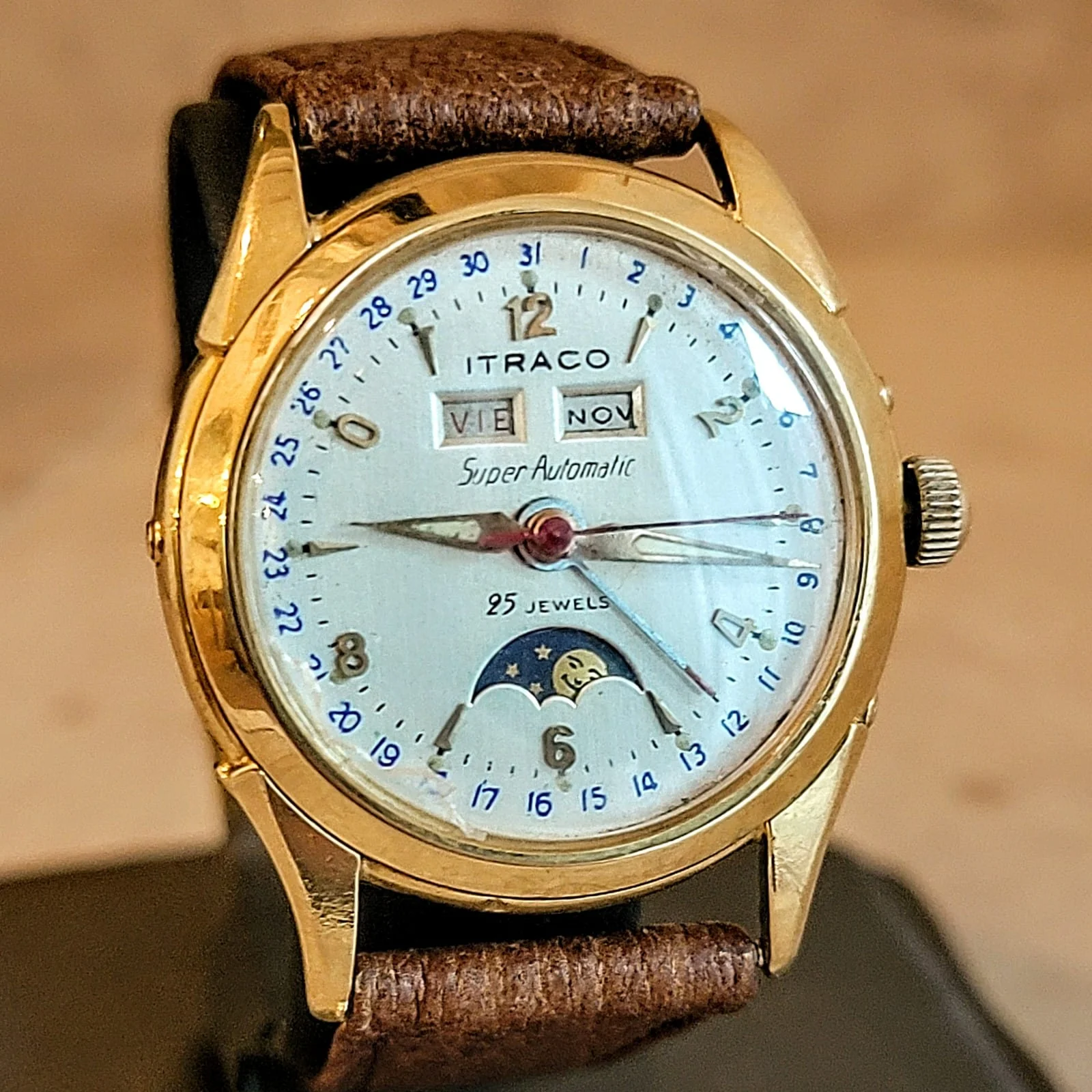 ITRACO Triple Calendar Watch Automatic 18K GOLD Moon Phase Wristwatch - Image 3