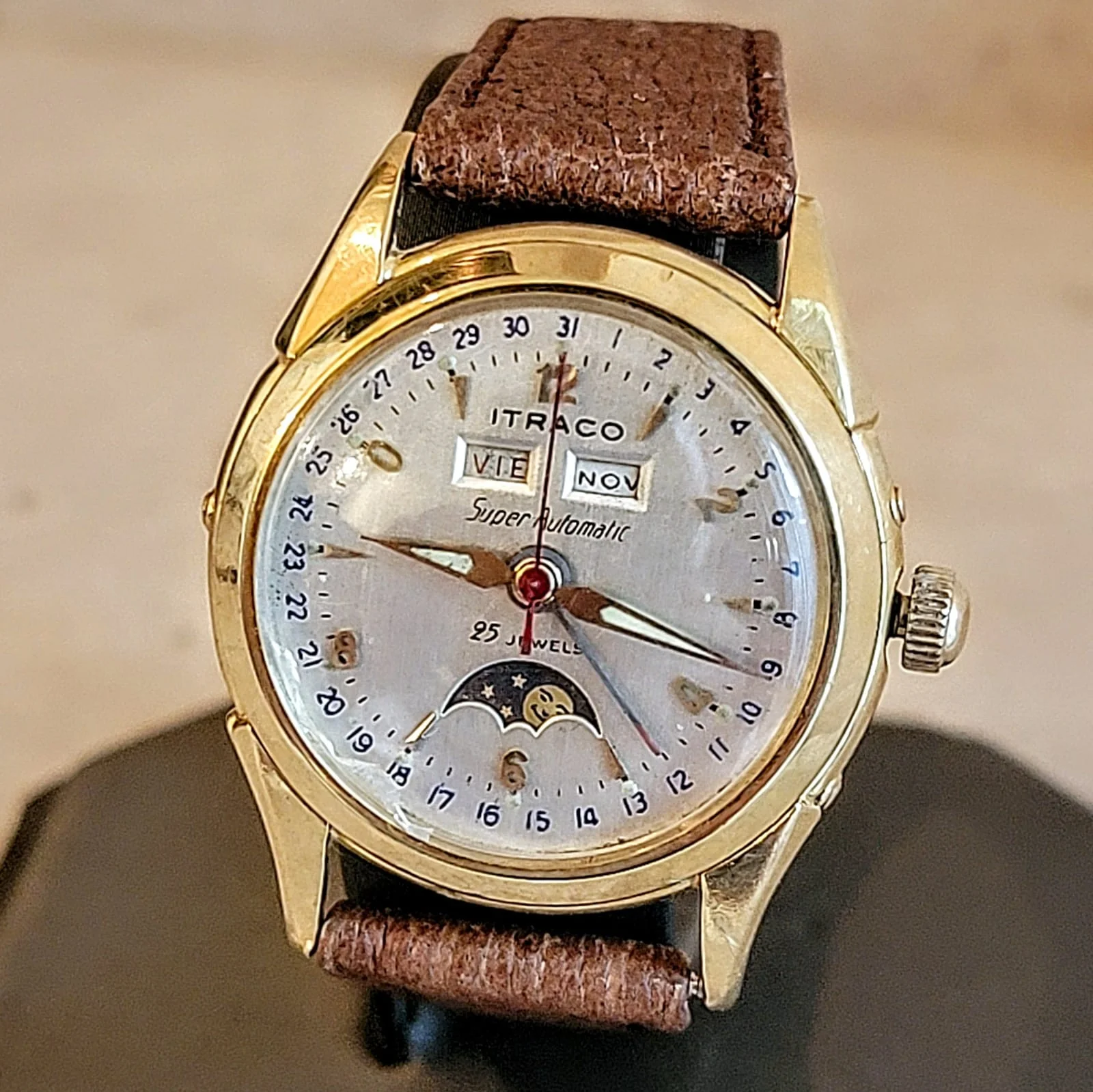 ITRACO Triple Calendar Watch Automatic 18K GOLD Moon Phase Wristwatch - Image 4