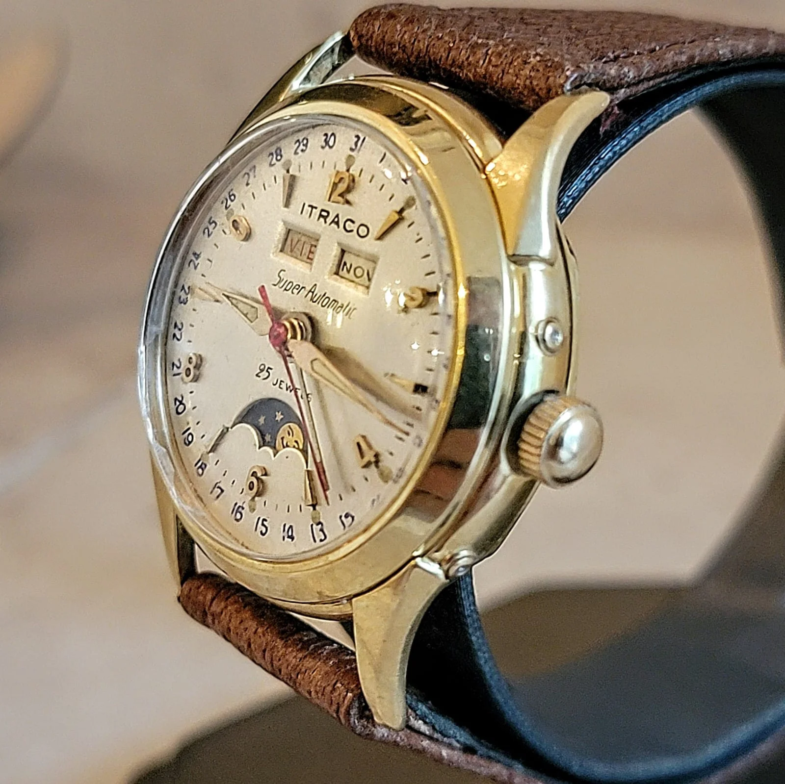 ITRACO Triple Calendar Watch Automatic 18K GOLD Moon Phase Wristwatch - Image 5